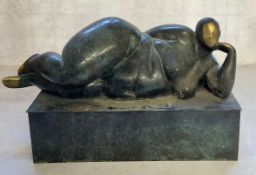 After Martin Klein, a verdigris bronze of a voluptuous reclining nude Lady Rosanna 16cm h x 12cm d x