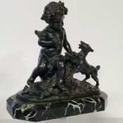 Alfred Boucher (1850 - 1934) French School, Chateau library bronze of a cherub and goat on a Verde