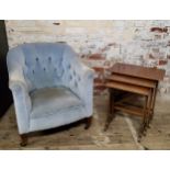 Victorian nursing chair in duck egg upholstery and mahogany nest of three tables,  chair 77cm