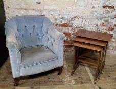 Victorian nursing chair in duck egg upholstery and mahogany nest of three tables,  chair 77cm
