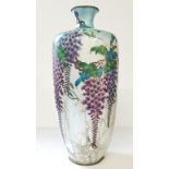 A large Cloisonné vase decorated with irridescant Wysteria on a silver ground. (AF)