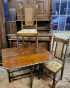 An early 20th century oak barley twist gate leg table with pie crust shaped edge; a pair of
