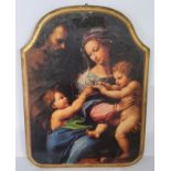 After Raphael 'The Madonna of the Rose' oilograph on arched panel. 20th century. Excellent