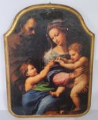 After Raphael 'The Madonna of the Rose' oilograph on arched panel. 20th century. Excellent