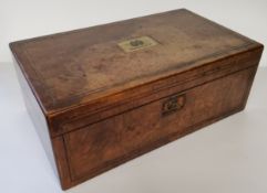 A Victorian burr walnut work box dated 1877