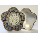 A Chinese white metal and enamel pot and cover, celadon jade inset ' long life ' emblem with bat and