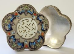 A Chinese white metal and enamel pot and cover, celadon jade inset ' long life ' emblem with bat and