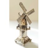 A Dutch silver miniature of a Dutch Tower wind mill, J. Verhoogt, Hoorn, 1906-1953 sword mark, 25.