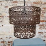 A pair of circular Moroccan style ceiling lights, brown painted metal, ES bulb fittings,  modern