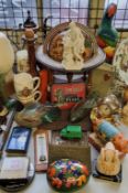 Boxes & Objects - a library globe, advertisement tins, Crooked Spire of Chesterfield brass plaque,