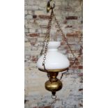 Brass chain hung oil lantern, opaque and clear shades, converted to electric (bayonet fitting):