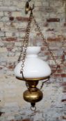 Brass chain hung oil lantern, opaque and clear shades, converted to electric (bayonet fitting):