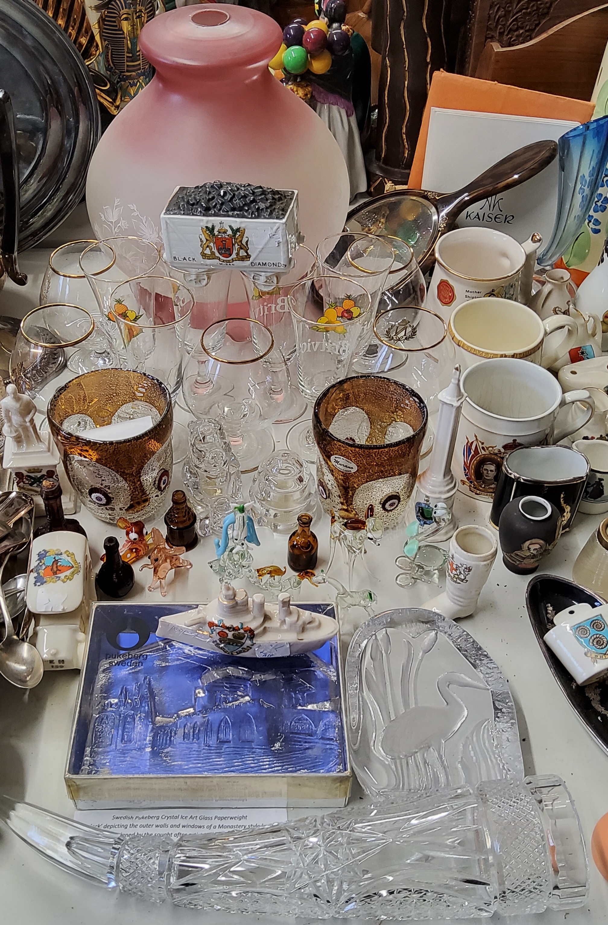 Ceramics & Glass - a cut glass cornucopia, millefleur glasses, crestedware, etc qty