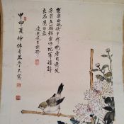 An early 20th century Chinese hanging calligraphy scroll, Qing dynasty, painted with sparrows on