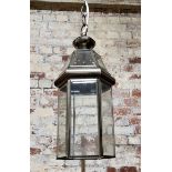 A pair of modern brushed antique brass effect hexagonal hanging coach lanterns 36cm heigh (67 with