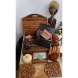 Boxes & Objects - a sandal wood book slide, African cowrie counters, desk tidies, letter racks,