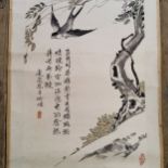 An early 20th century Chinese hanging calligraphy scroll, Qing dynasty, painted with swallows and