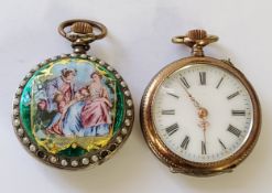 A continental Argent Dore silver & enamel lady's pocket watch, the back of the case decorated with