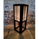 A traditional Japanese black lacquer floor lamp with cream fabric insets. Height 76cm x width 31cm x