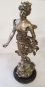 Henryk Kossowski (French, 1855-1921) signed silvered hollow cast bronze sculpture of a maiden,