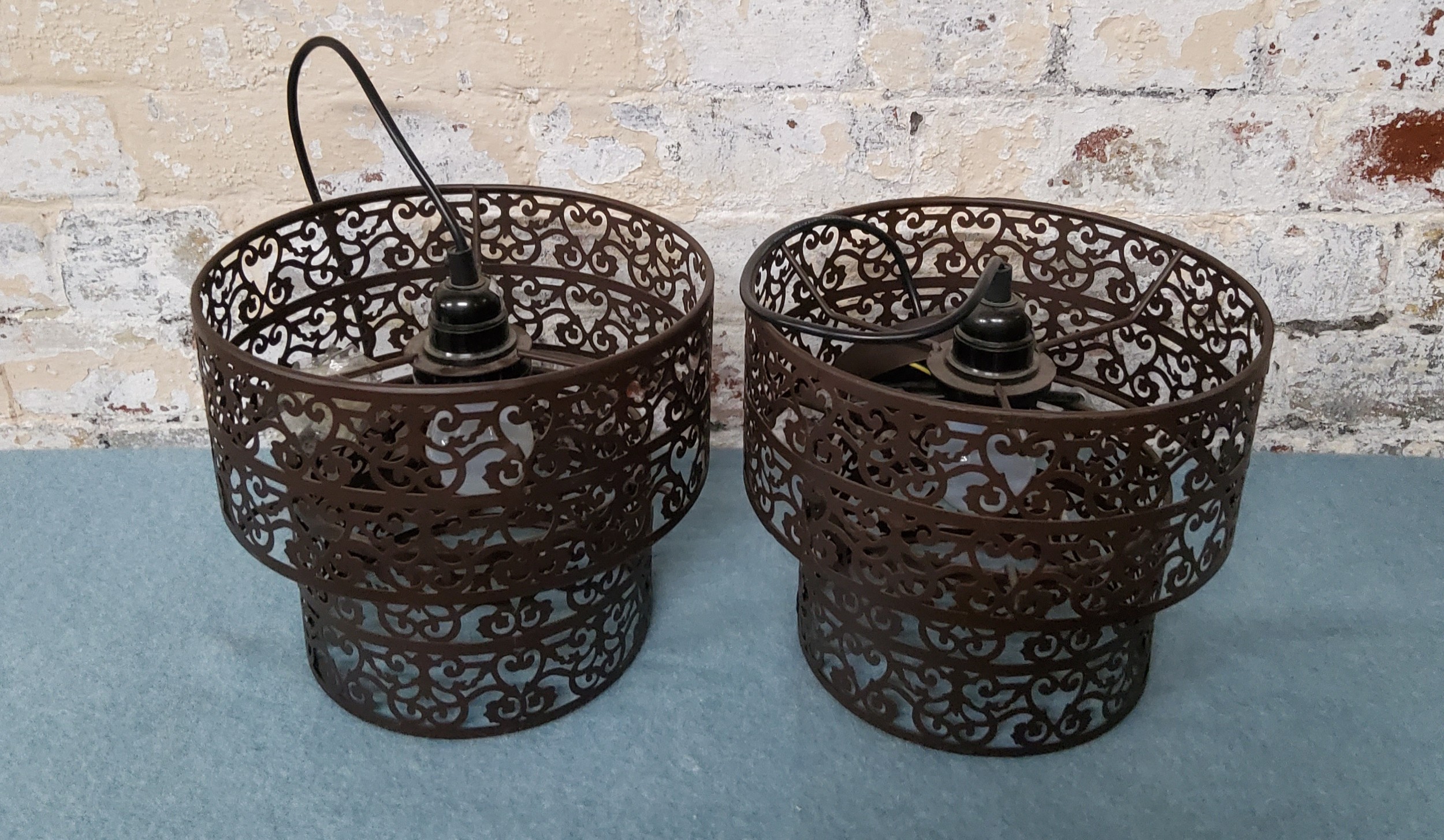 A pair of circular Moroccan style ceiling lights, brown painted metal, ES bulb fittings,  modern - Image 3 of 4