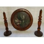 A Victorian beadwork circular panel in a period moulded burr walnut frame mounted on four bun