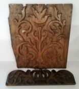 A period 17th century walnut carved panel of a stylised acanthus scrolled tulip c.1680; an unusual