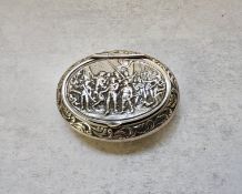 A Dutch silver snuff-box, de Leeuw den Bouter, Schoonhoven, 1973, oval, the hinged cover decorated