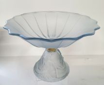 A Rene Lalique type Art Deco frosted glass pedestal bowl with gilt metal collar, embossed in