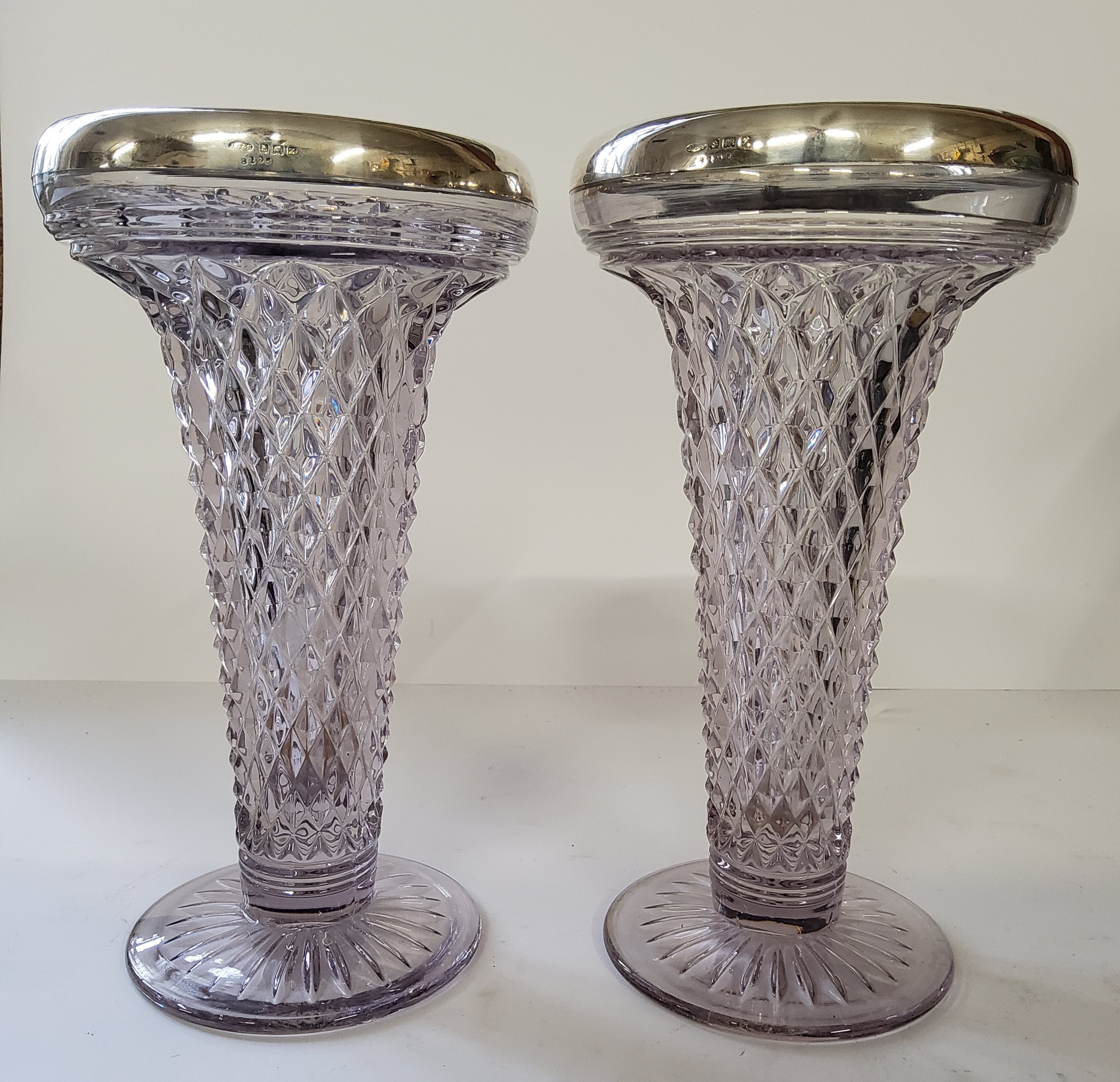 A pair of John Grinsell & Sons silver mounted and hobnail glass trumpet shaped vases, dated 1924,