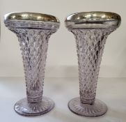 A pair of John Grinsell & Sons silver mounted and hobnail glass trumpet shaped vases, dated 1924,