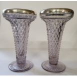 A pair of John Grinsell & Sons silver mounted and hobnail glass trumpet shaped vases, dated 1924,