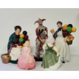 Royal Doulton figures including The Jester, H.N. 2016; Biddy Pennyfarthing H.N. 1843; The Old