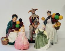 Royal Doulton figures including The Jester, H.N. 2016; Biddy Pennyfarthing H.N. 1843; The Old