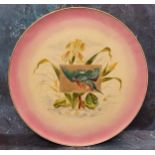 A Victorian Staffordshire pottery charger, painted by T. Fuglestad, signed, with kingfisher and