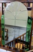 A substantial Art Deco arch shaped mirror, emerald green glass panels to sides, c.1930