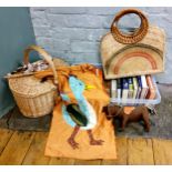 A wicker picnic hamper;  a wicker hag;  a felt horse;  Penguin books;  others;  etc