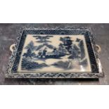 A 19th century Pearlware two handled Boy on an Ox pattern blue and white tray, 23.5cm wide, c.1820