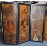 A Victorian decoupage three fold modesty screen, double sided, 163cm high x 170cm wide x