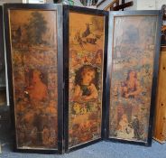 A Victorian decoupage three fold modesty screen, double sided, 163cm high x 170cm wide x