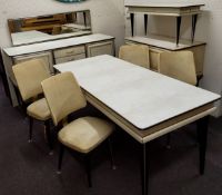 An Italian 1950s dining room suite, metal mounted throughout. Four chairs, table, three