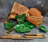 A malachite ashtray;  a similar pen holder;  other malachite;  etc