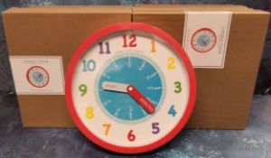 Eight London Clock Company 'Tell the Time' wall hanging clocks, NOS, original packaging