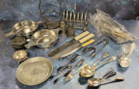 A pair of polish pewter Celtic bowls;  an E.P..N.S.  seven bar toast rack;   flatware;  etc