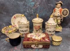 Decorative ceramics including a Limoges pharmacy jar & cover marked Cocaine, hand painted; another