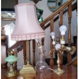 A brass Ionic column table lamp;  a gilt metal four light side light;  etc