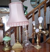 A brass Ionic column table lamp;  a gilt metal four light side light;  etc