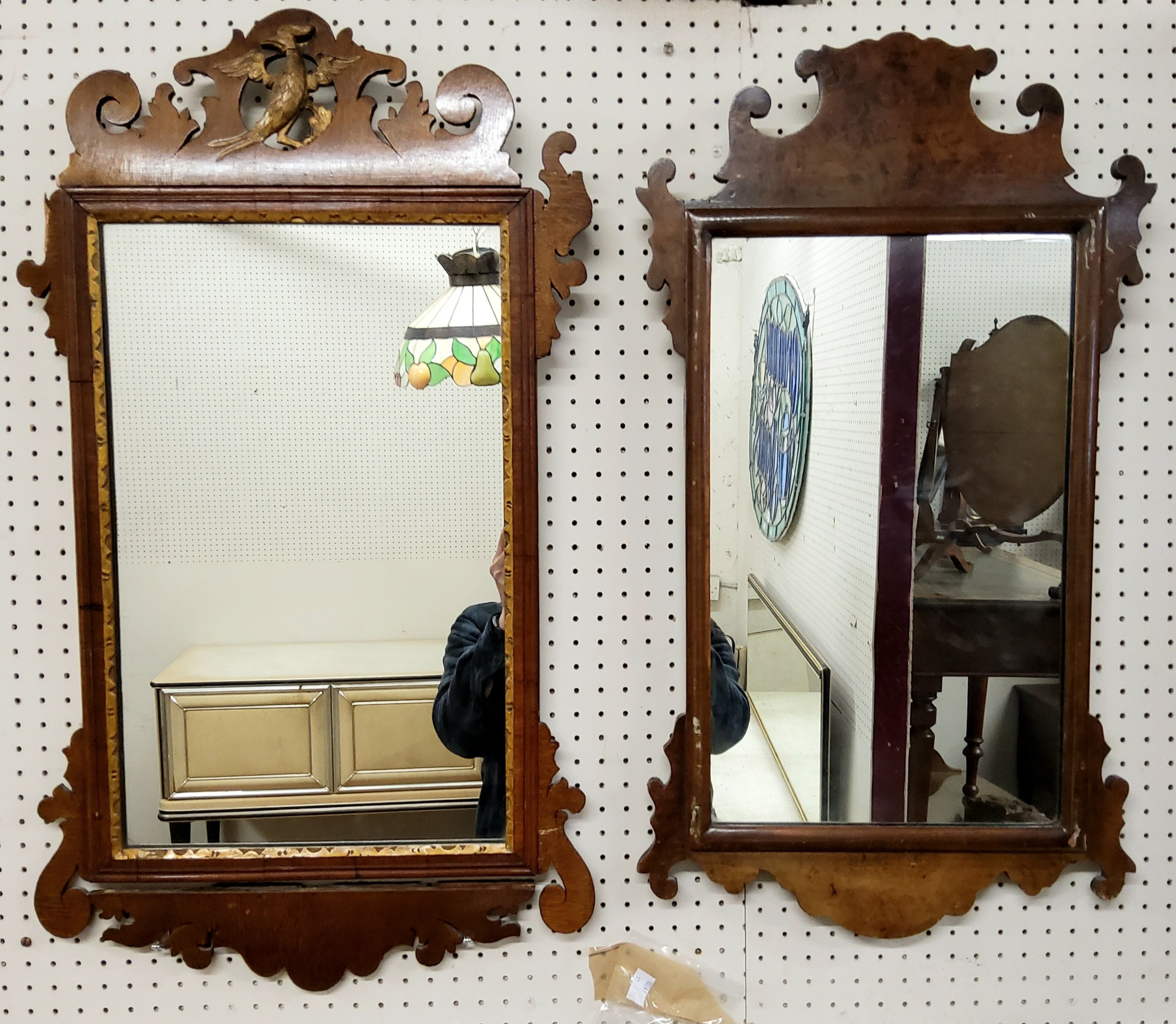 A George II style Vauxhall walnut mirror, 69cm high,  38.5cm wide;  another (2)