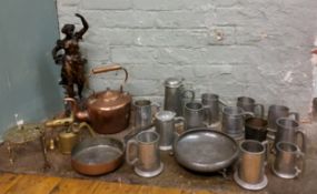 A Victorian copper kettle;  a  copper pan, steel handle;  brass trivet;   pewter mugs and