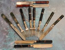 A set of six early Victorian banded and spinach agate hafted close plated dessert  knives and forks,